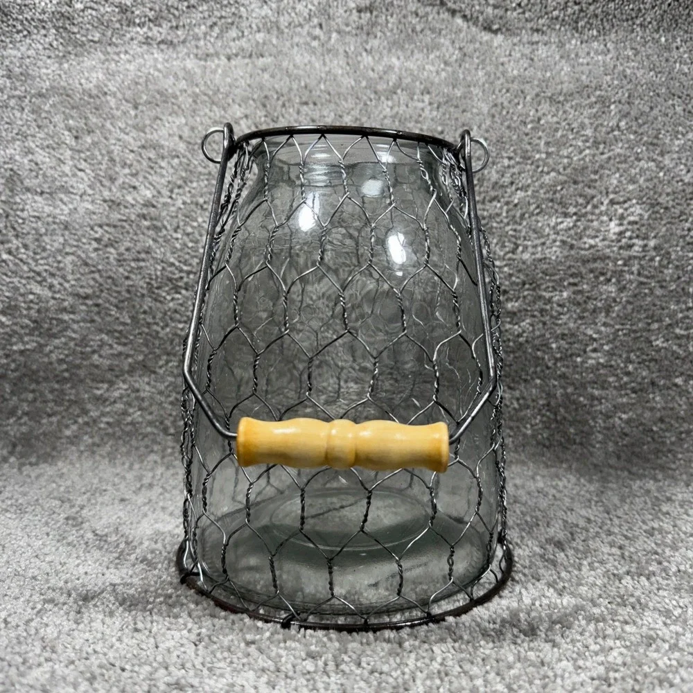Lantern Cloche Clear Glass Chicken Wire Wood Handle Farmhouse Decor